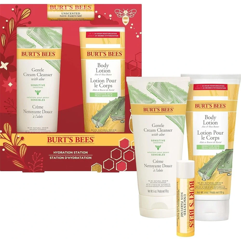 Burts Bees Hydration Station Gift Set Unscented Lip Balm Gentle Cream Cleanser